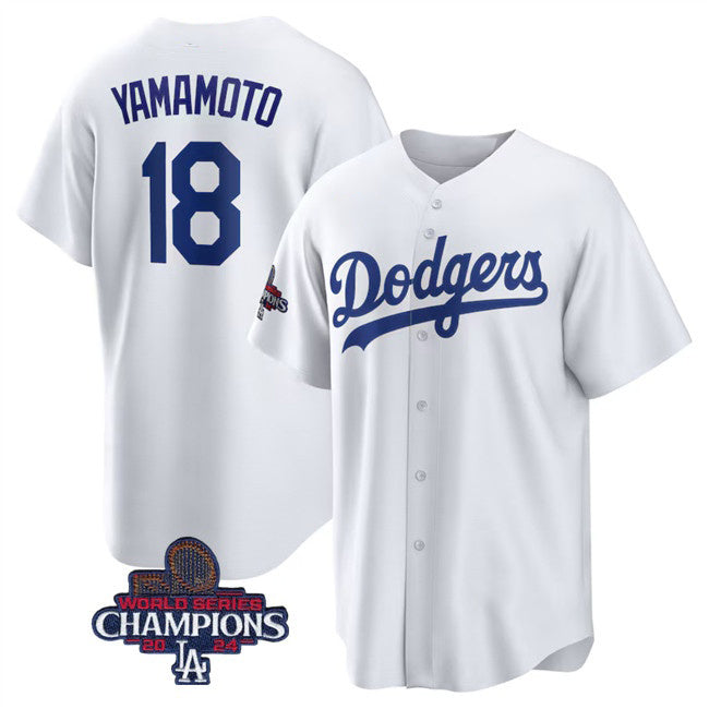 Boles Los Angeles Dodgers #18 Yoshinobu Yamamoto White  2024 World Series Champions Cool Base Stitched Jersey