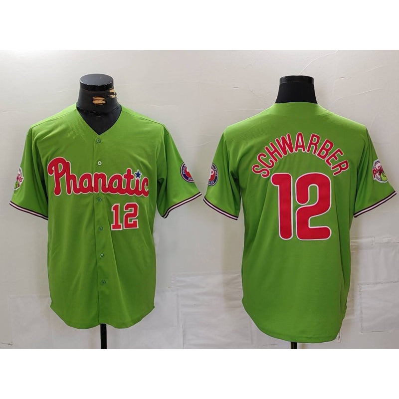 Boles  Philadelphia Phillies #12 Kyle Schwarber Number Green  With Patch Stitched Cool Base Jersey
