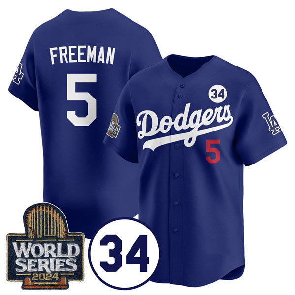 Boles Los Angeles Dodgers #5 Freddie Freeman Royal  2024 World Series With No. 34 Patch Cool Base Stitched Jersey