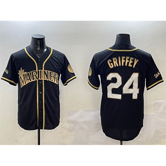 Boles Seattle Mariners #24 Ken Griffey Jr. Black Gold  Cool Base Stitched Jersey