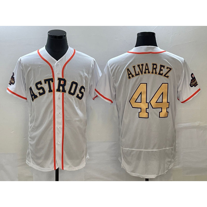 Boles Houston Astros #44 Yordan Alvarez 2023 White Gold  World Serise Champions Patch Flex Base Stitched Jersey