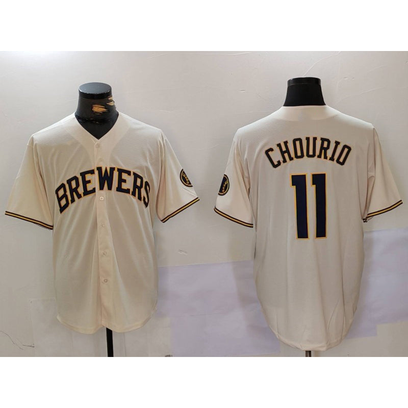 Boles    Milwaukee Brewers #11 Jackson Chourio Cream  Stitched Cool Base Jersey 2