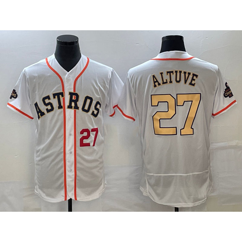 Boles Houston Astros #27 Jose Altuve Number 2023 White  Gold World Serise Champions Patch Flex Base Stitched Jersey
