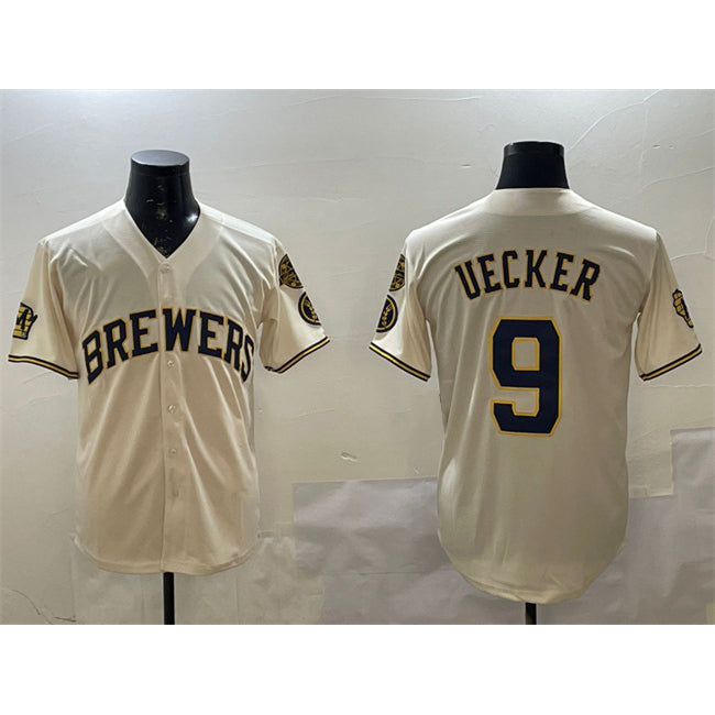 Boles    Milwaukee Brewers #9 Bob Uecker Cream  With Home Patch Stitched Jersey