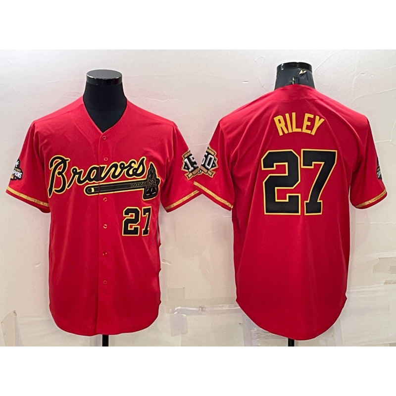 Boles Atlanta Braves #27 Austin Riley Red Gold  World Series Champions Program Cool Base Stitched Jersey
