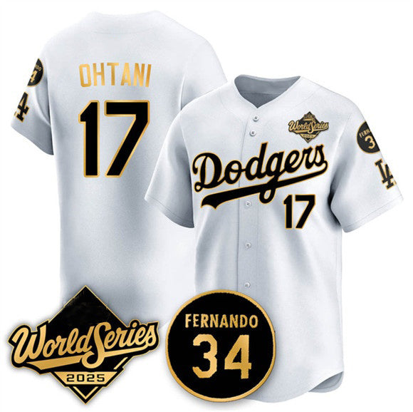 Boles Los Angeles Dodgers #17 Shohei Ohtani White Gold  2025 World Series With No.34 Patch Limited Stitched Jersey
