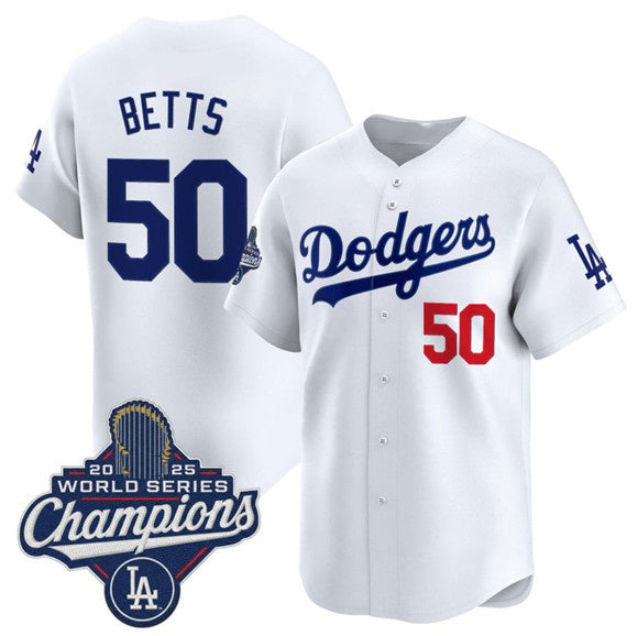 Boles Los Angeles Dodgers #50 Mookie Betts White  2025 Champions Stitched Jersey