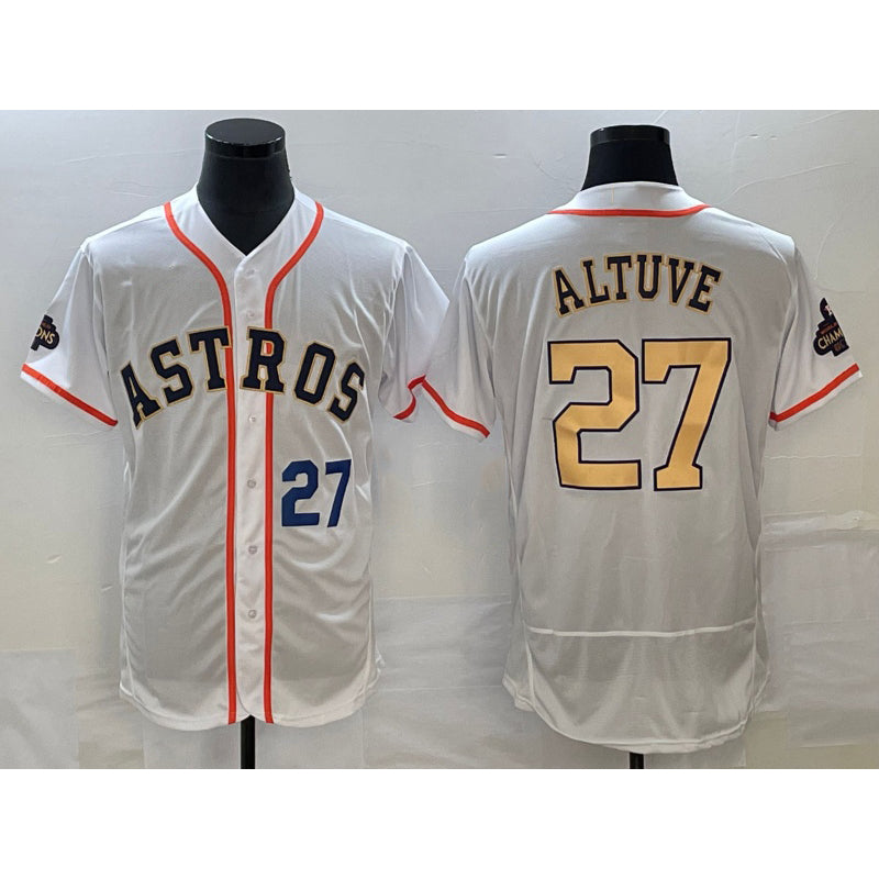 Boles Houston Astros #27 Jose Altuve Number 2023 White  Gold World Serise Champions Patch Flex Base Stitched Jersey 2