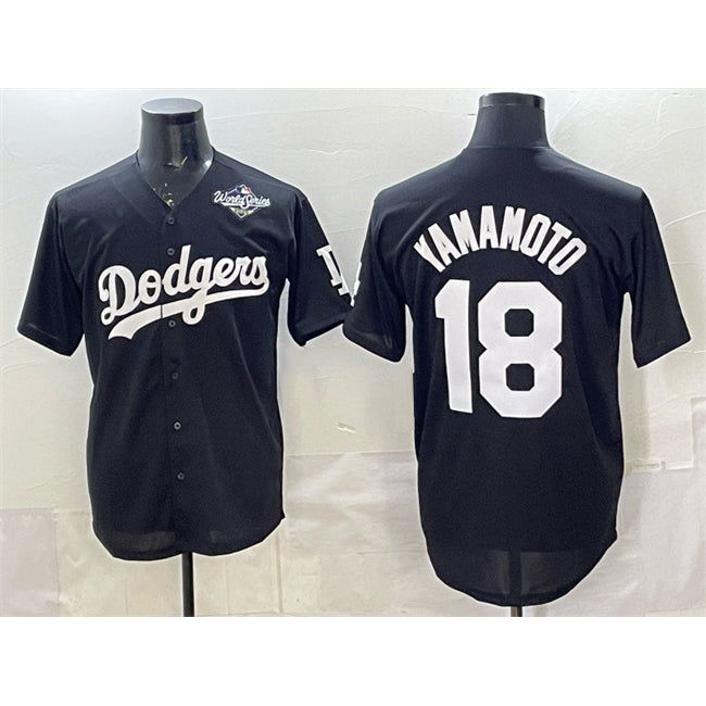 Boles Los Angeles Dodgers #18 Yoshinobu Yamamoto Black  2025 World Series Patch Cool Base Stitched Jersey