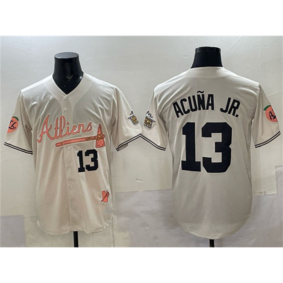 Boles Atlanta Braves #13 Ronald Acu?a Jr. Cream  2024 Atliens & Peach With Outkast Patch Vapor Limited Stitched Jersey