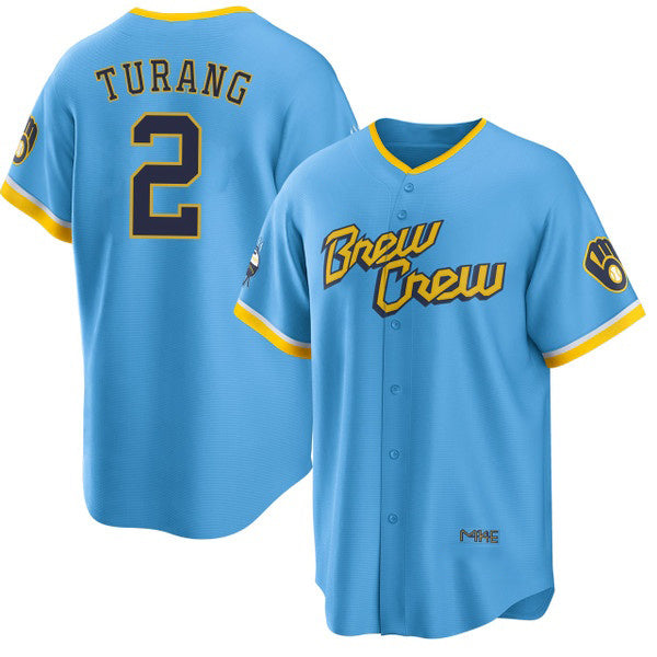 Boles    Milwaukee Brewers #2 Brice Turang Blue  2022 City Connect Cool Base Stitched Jersey