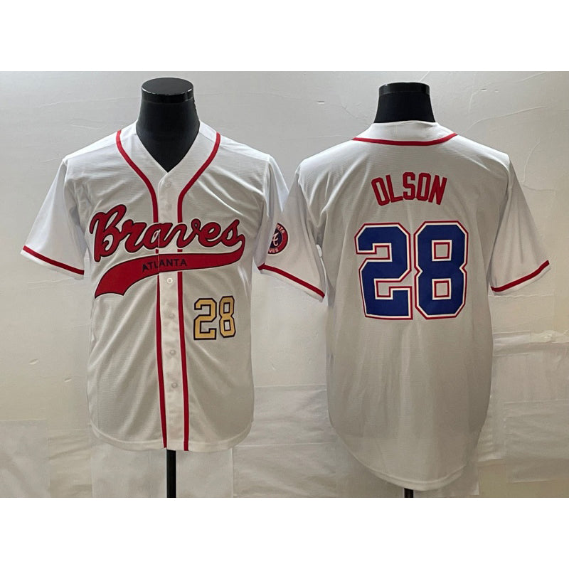 Boles Atlanta Braves #28 Matt Olson Number White  Cool Base With Patch Stitched Jersey