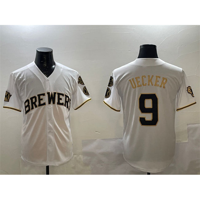 Boles    Milwaukee Brewers #9 Bob Uecker White Gold  With Home Patch Limited Stitched Jersey