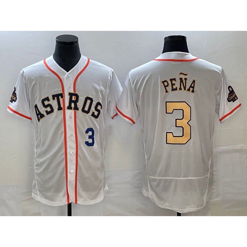 Boles Houston Astros #3 Jeremy Pena Number 2023 White Gold  World Serise Champions Patch Flex Base Stitched Jersey 3