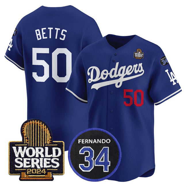 Boles Los Angeles Dodgers #50 Mookie Betts Royal  2024 World Series With Fernando Memorial Patch Limited Stitched Jersey
