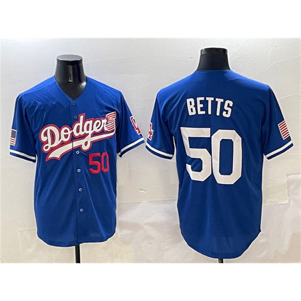 Boles Los Angeles Dodgers #50 Mookie Betts Royal  With American Flag Patch Limited Stitched Jersey