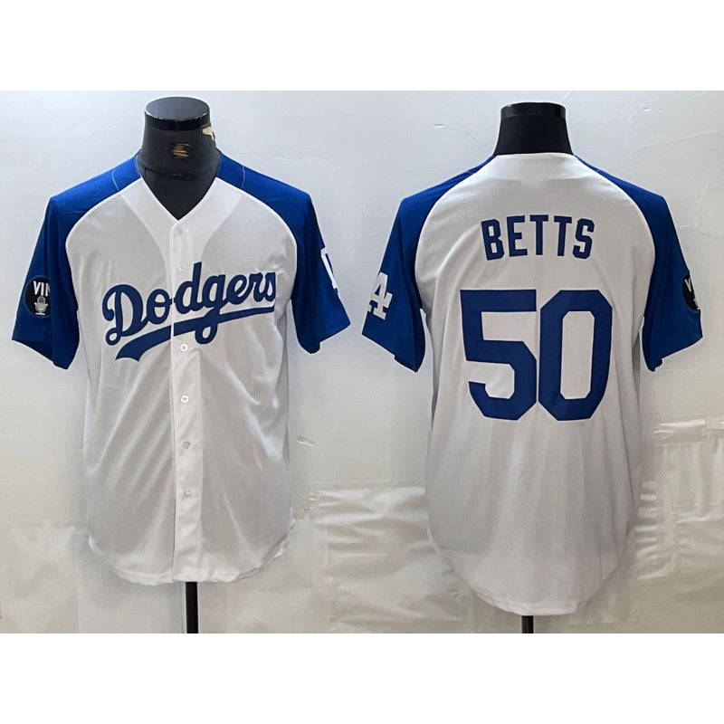 Boles Los Angeles Dodgers #50 Mookie Betts White Blue  Fashion Stitched Cool Base Limited Jerseys