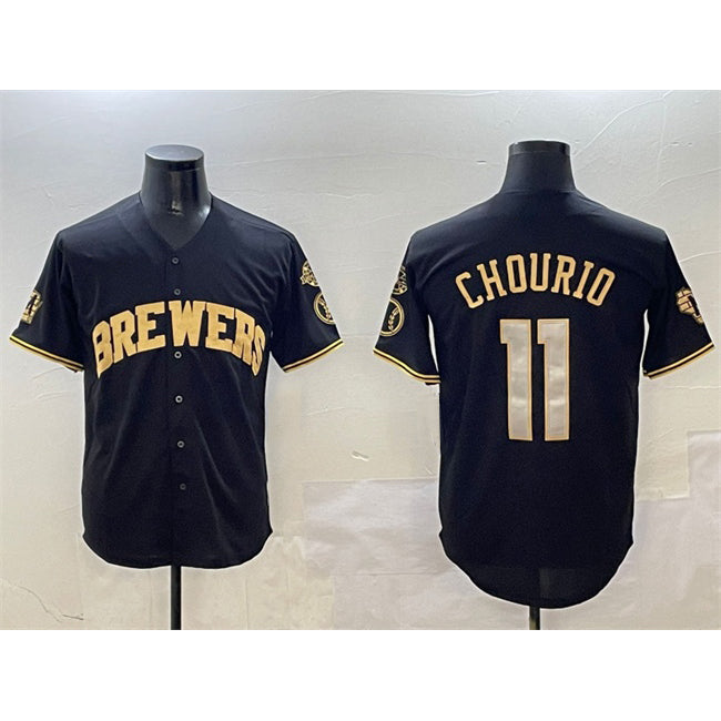 Boles    Milwaukee Brewers #11 Jackson Chourio Black Gold  With Home Patch Limited Stitched Jersey