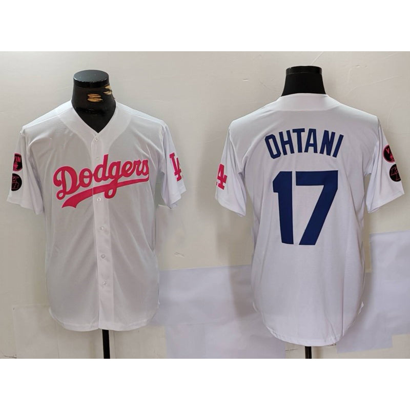 Boles Los Angeles Dodgers #17 Shohei Ohtani White Pink  Vin & Kobe Patch Stitched Jersey 2