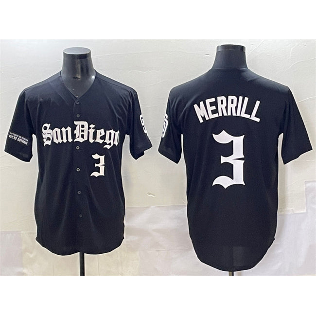 Boles  San Diego Padres #3 Jackson Merrill Black  Gothic Edition Vapor Limited Stitched Jersey