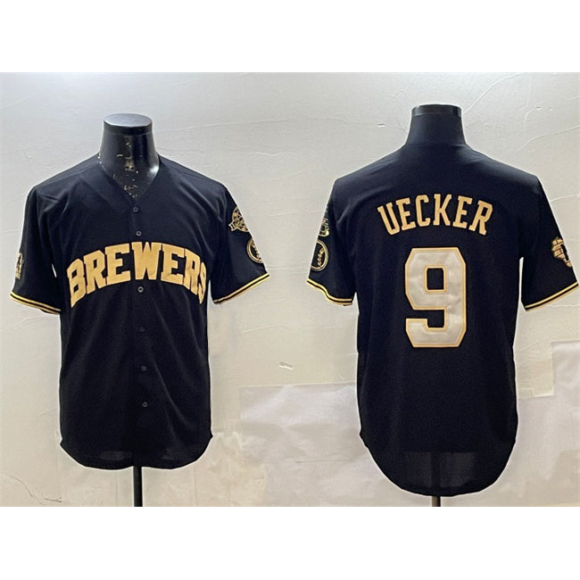 Boles    Milwaukee Brewers #9 Bob Uecker Black Gold  With Home Patch Limited Stitched Jersey