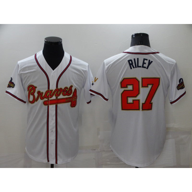 Boles Atlanta Braves #27 Austin Riley 2022 White Gold  World Series Champions Program Cool Base Stitched Jersey