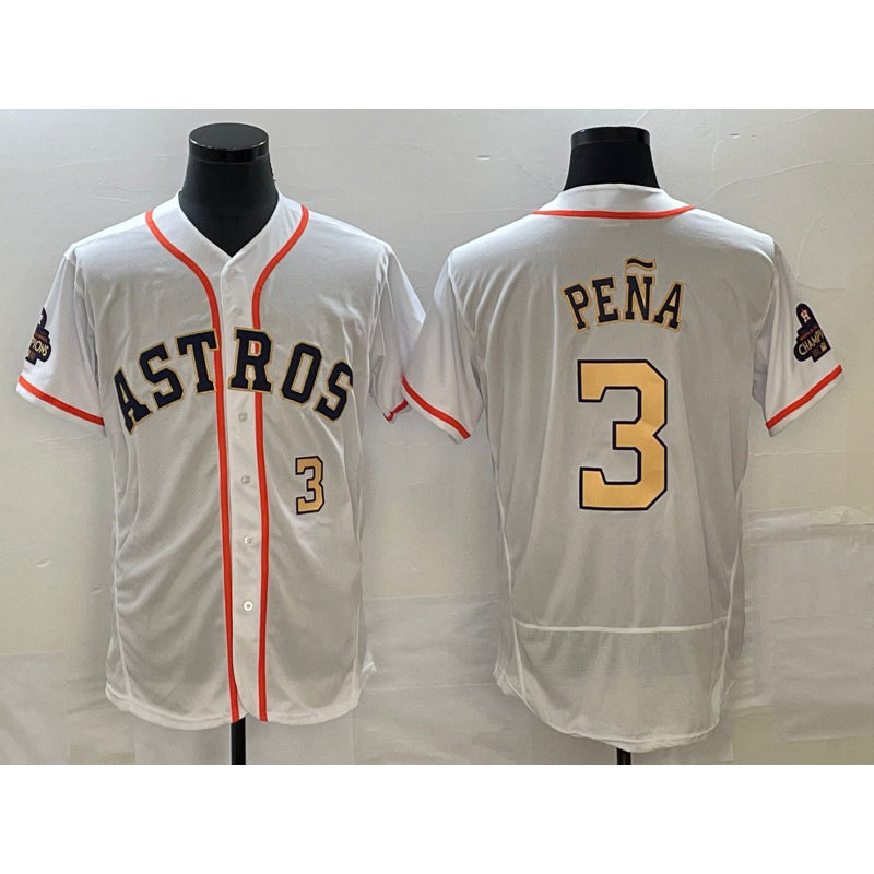 Boles Houston Astros #3 Jeremy Pena Number 2023 White Gold  World Serise Champions Patch Flex Base Stitched Jersey 2