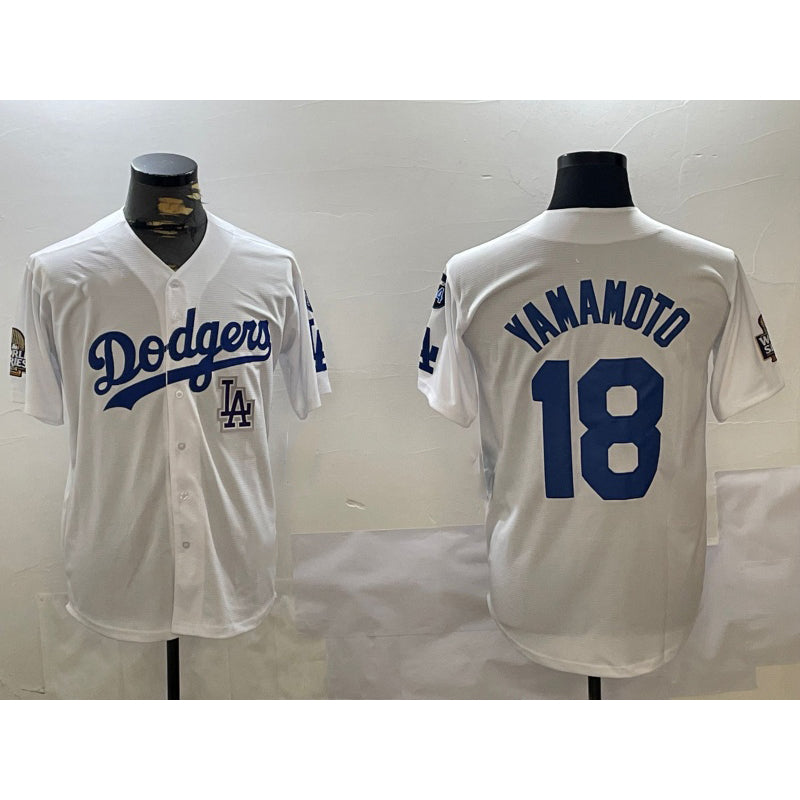 Boles Los Angeles Dodgers #18 Yoshinobu Yamamoto White  2024 World Series With Fernando Memorial Patch Home Limited Stitched Jersey