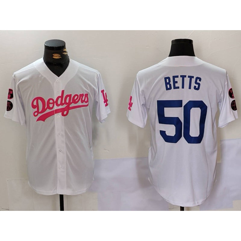 Boles Los Angeles Dodgers #50 Mookie Betts White Pink  Vin & Kobe Patch Stitched Jersey1