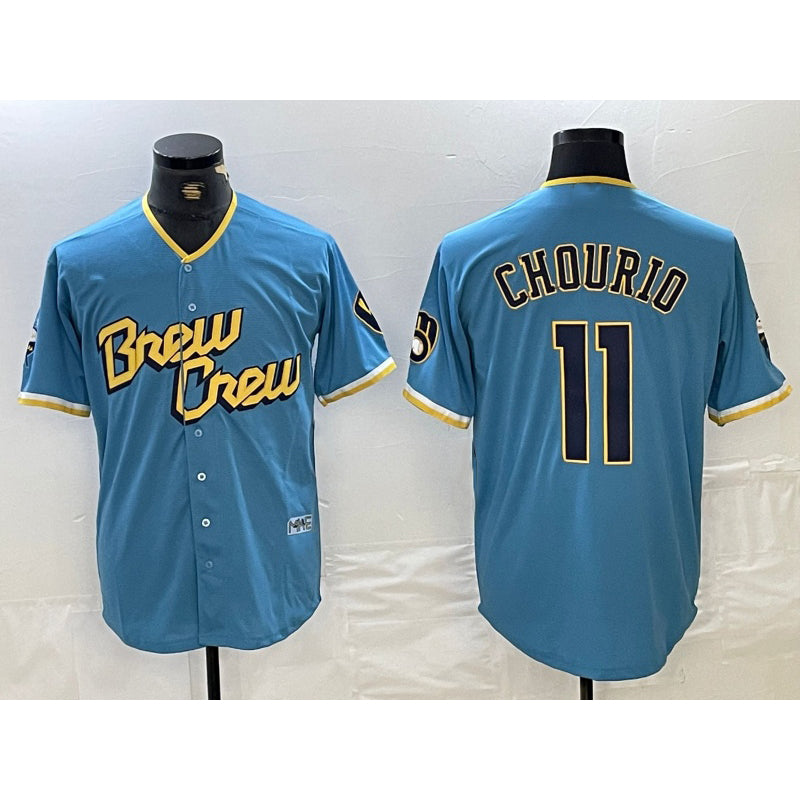 Boles    Milwaukee Brewers #11 Jackson Chourio Blue  2022 City Connect Cool Base Stitched Jersey