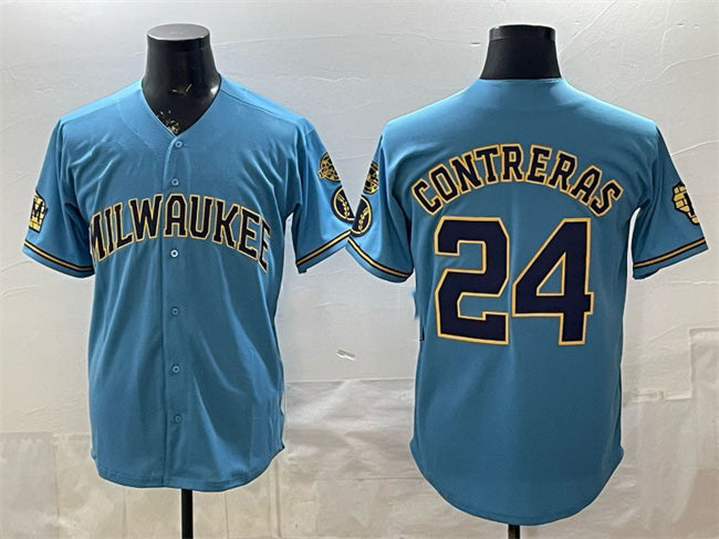 Boles    Milwaukee Brewers #24 William Contreras Blue  With Home & Bob Uecker Patch Stitched Jersey