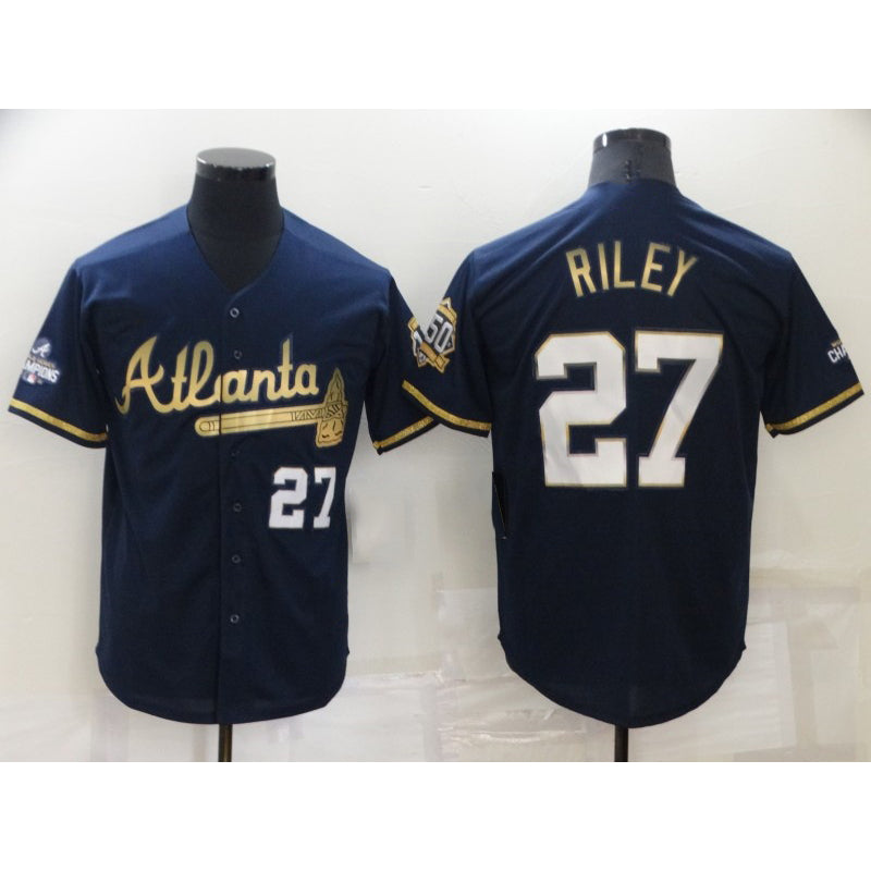Boles Atlanta Braves #27 Austin Riley 2022 Navy Blue  2021 World Series Champions Golden Edition Stitched Cool Base Jersey