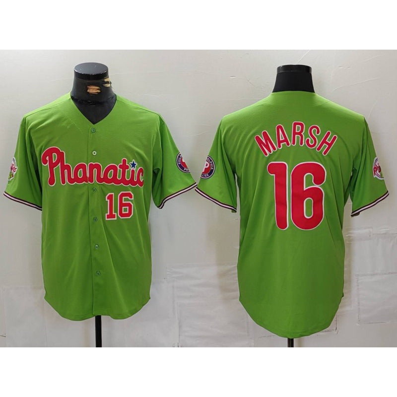 Boles  Philadelphia Phillies #16 Brandon Marsh Number Green  With Patch Stitched Cool Base Jersey