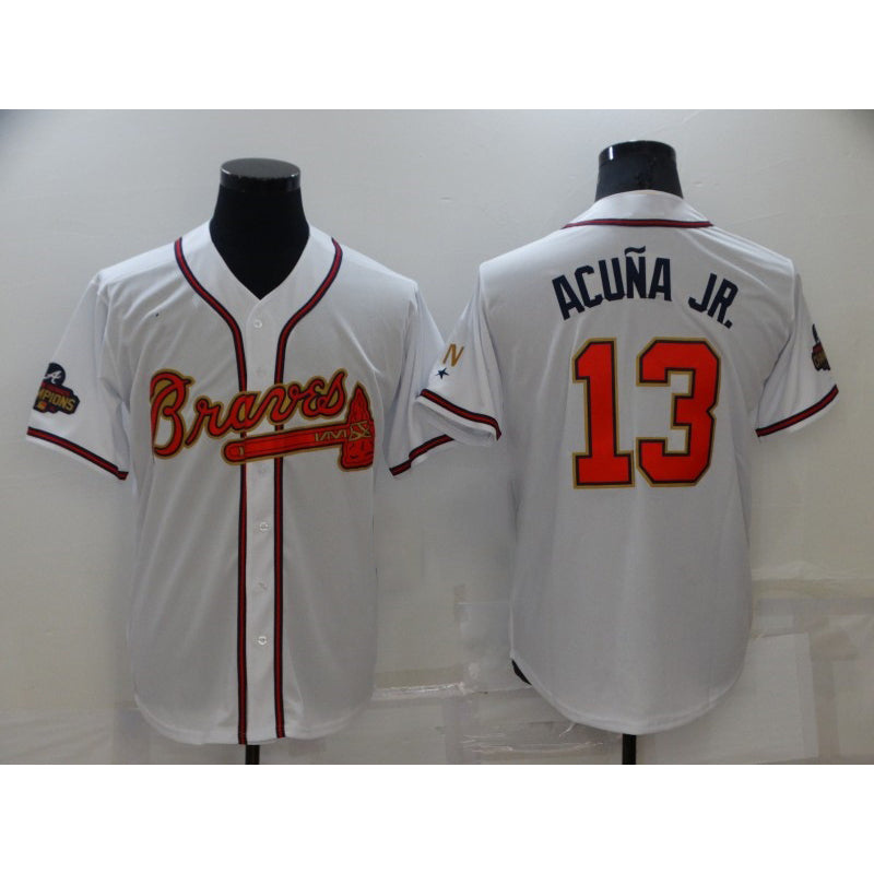 Boles Atlanta Braves #13 Ronald Acuna Jr 2022 White Gold  World Series Champions Program Cool Base Stitched Jersey