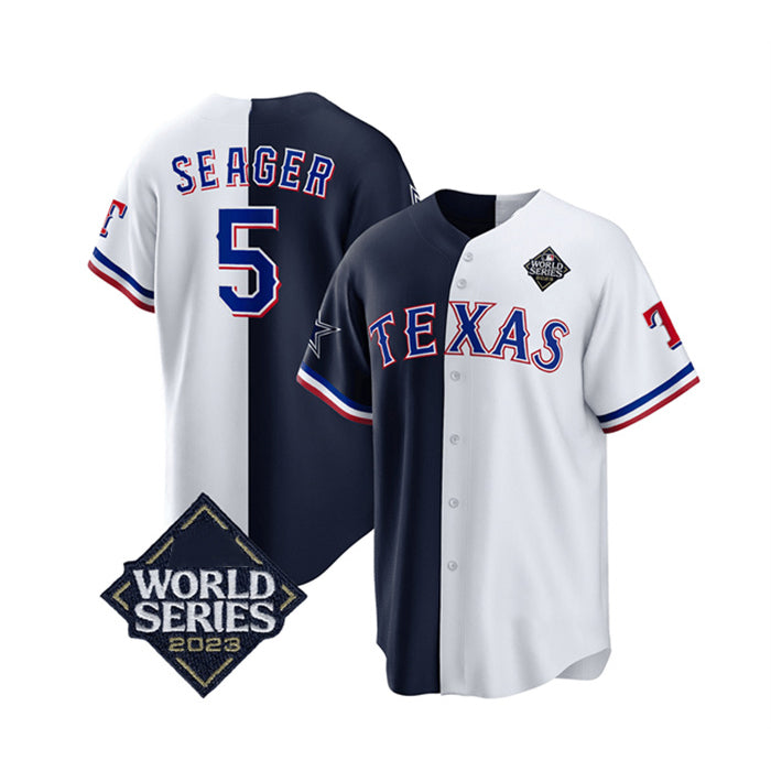Boles Texas Rangers & Cowboys #5 Corey Seager Navy White  2023 World Series Splite Stitched Jersey