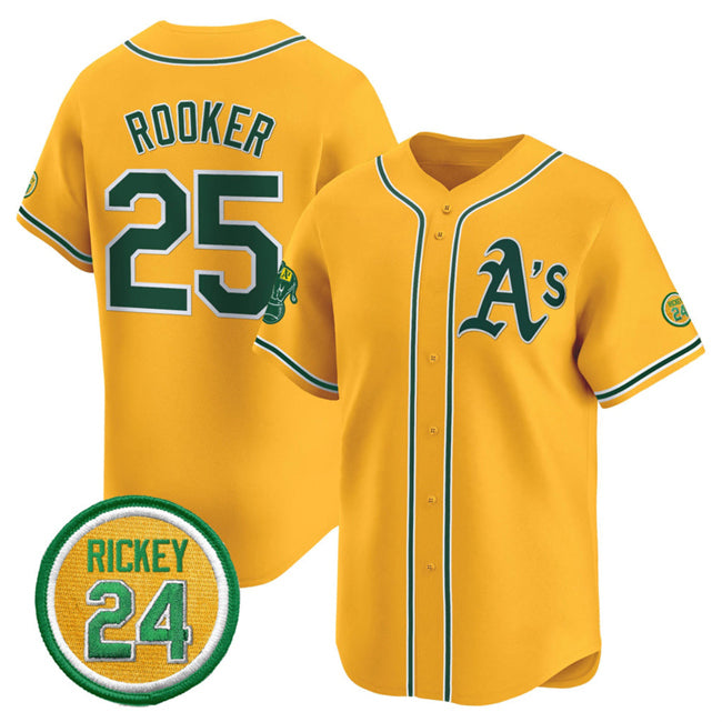 Boles  Oakland Athletics  #25 Brent Rooker Yellow  2024 Limited With Rickey Henderson Patch Stitched Jersey