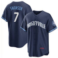 Boles  Chicago Cubs #7 Dansby Swanson Navy  City Connect Cool Base Stitched Jersey