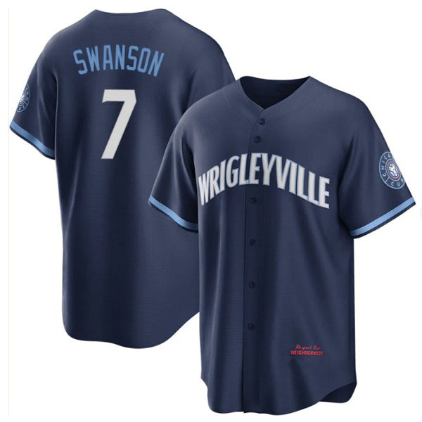 Boles  Chicago Cubs #7 Dansby Swanson Navy  City Connect Cool Base Stitched Jersey