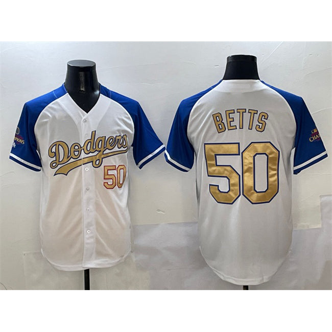 Boles Los Angeles Dodgers #50 Mookie Betts White Royal Gold  2024 World Series Champions Vapor Limited Stitched Jersey