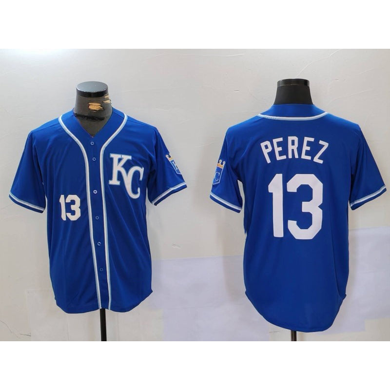 Boles  Kansas City Royals #13 Salvador Perez Number Blue  KC Cool Base Stitched Jersey