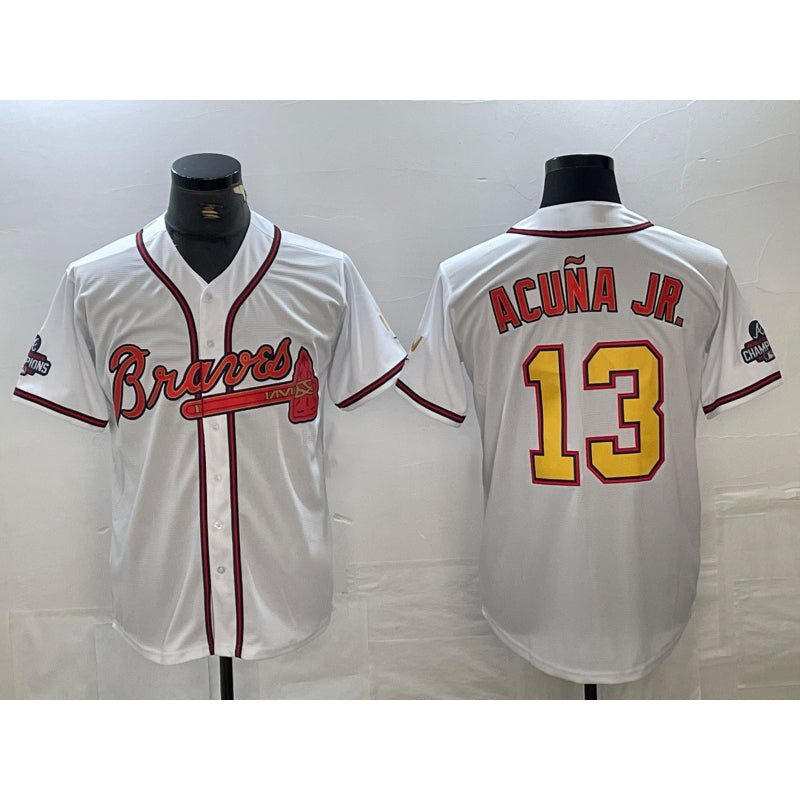 Boles Atlanta Braves #13 Ronald Acuna Jr White Gold  2021 World Series Champions Stitched Cool Base Jersey