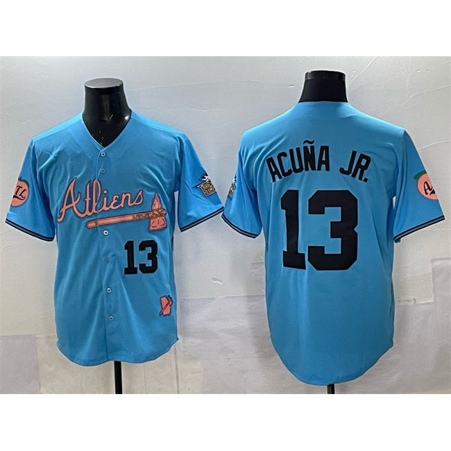 Boles Atlanta Braves #13 Ronald Acuna Jr. Blue  2024 Atliens & Peach With Outkast Patch Vapor Limited Stitched Jersey