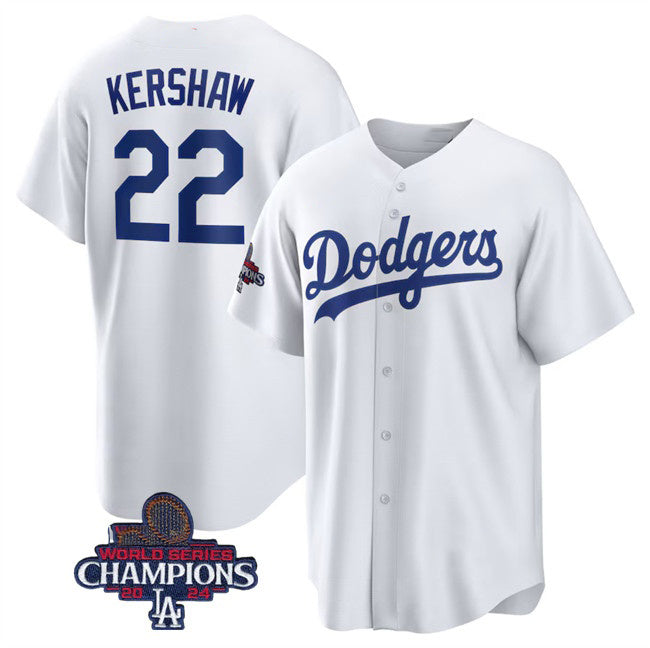 Boles Los Angeles Dodgers #22 Clayton Kershaw White  2024 World Series Champions Cool Base Stitched Jersey