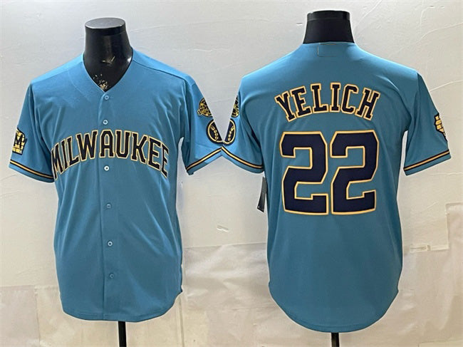 Boles    Milwaukee Brewers #22 Christian Yelich Blue  With Home & Bob Uecker Patch Stitched Jersey