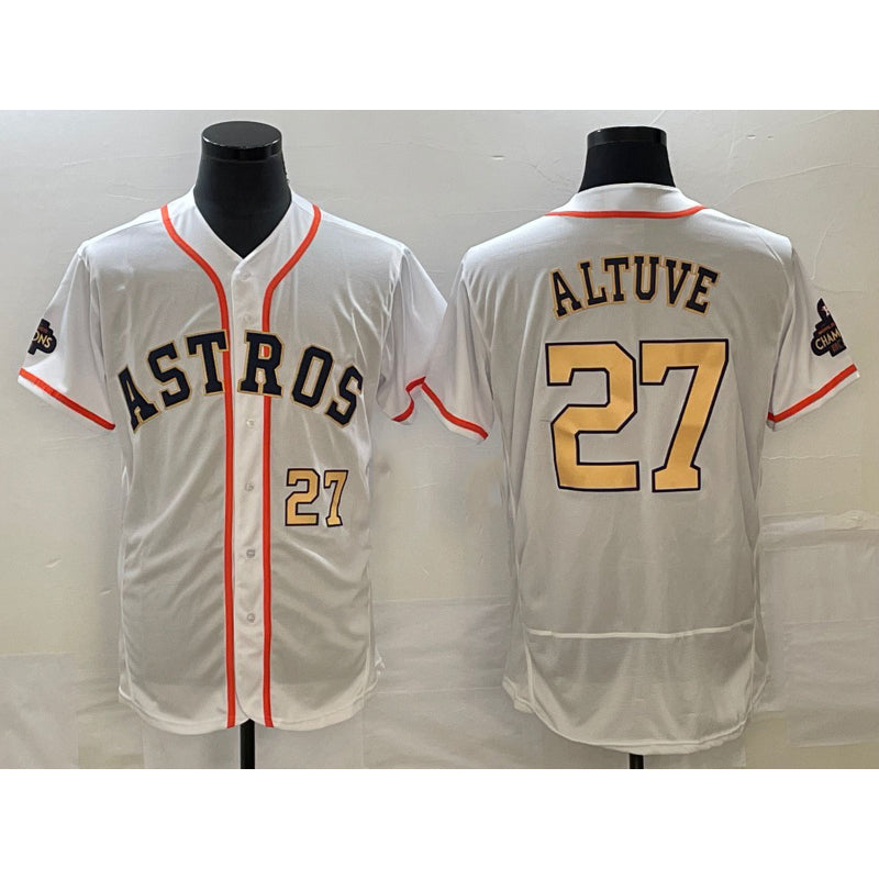 Boles Houston Astros #27 Jose Altuve Number 2023 White  Gold World Serise Champions Patch Flex Base Stitched Jersey 3