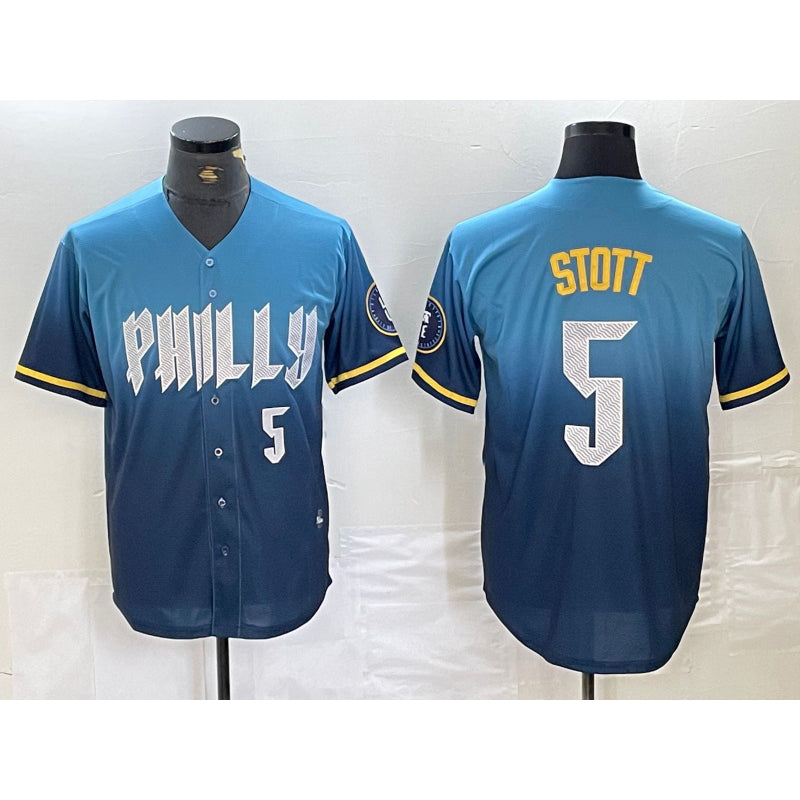 Boles  Philadelphia Phillies #5 Bryson Stott Blue  2024 City Player Number Cool Base Stitched Jersey 2