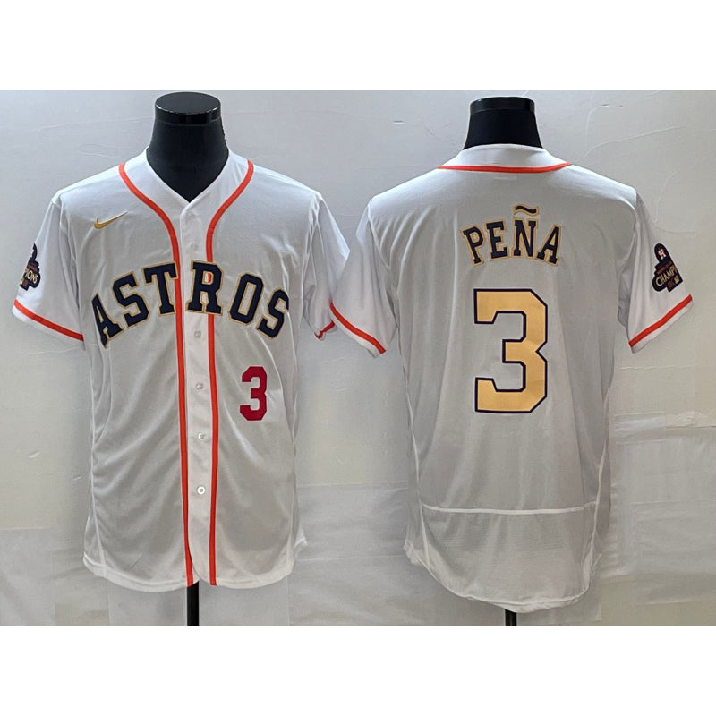Boles Houston Astros #3 Jeremy Pena Number 2023 White Gold  World Serise Champions Patch Flex Base Stitched Jersey