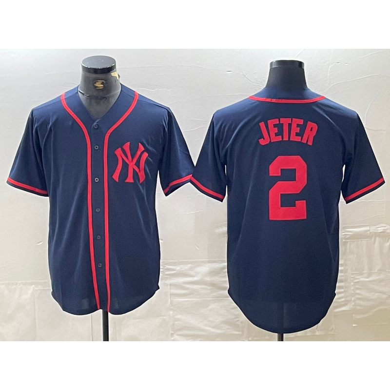 Boles  New York Yankees #2 Derek Jeter Navy Red  Fashion Cool Base Jersey