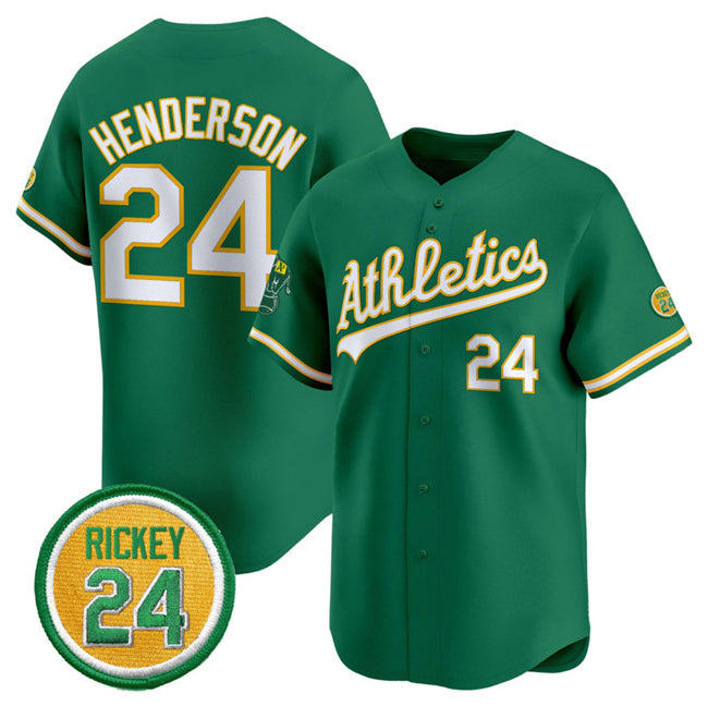Boles  Oakland Athletics  #24 Rickey Henderson Green  2024 Limited With Rickey Henderson Patch Stitched Jersey