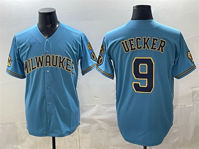 Boles    Milwaukee Brewers #9 Bob Uecker Blue  With Home & Bob Uecker Patch Stitched Jersey